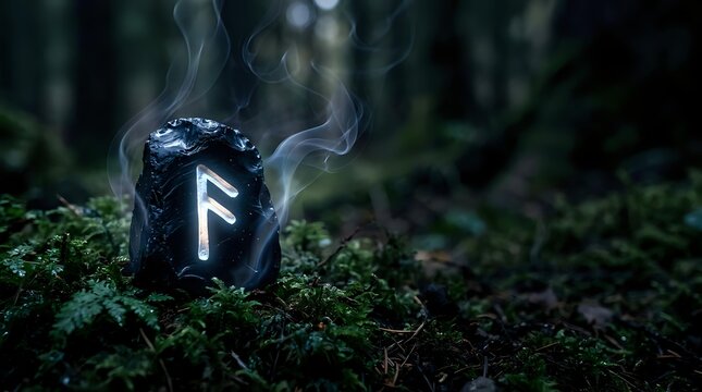Glowing rune stone with mystical smoke on moss-covered forest ground, suitable for fantasy game design, occult themes, and supernatural storytelling projects.