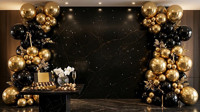 Elegant black and gold balloon arch backdrop for a luxurious happy birthday party celebration event
