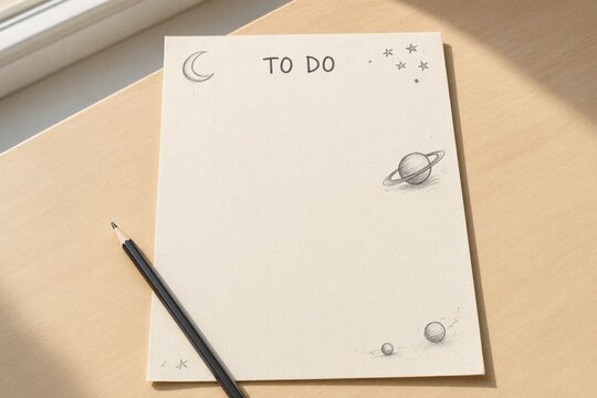 Unlined to do list with pencil drawings of stars and planets 