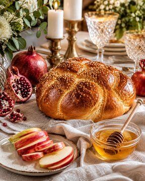 Elegant Rosh Hashanah Table with Challah Honey Apples and Pomegranates