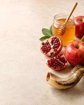 Minimal Rosh Hashanah Copy Space with Honey Apples Pomegranate and Shofar