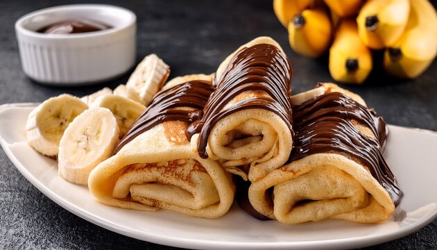 pancakes with banana and chocolate spread sweet filling sliced fruit creamy chocolate layer rolled crepes dessert breakfast food texture detail