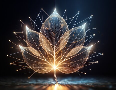 a glowing digital leaf made of network nodes and lines disintegrates into streams of light against a dark background