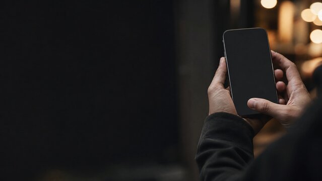 Hand holding a smartphone while online shopping at night with dark moody lighting for Black Friday deals