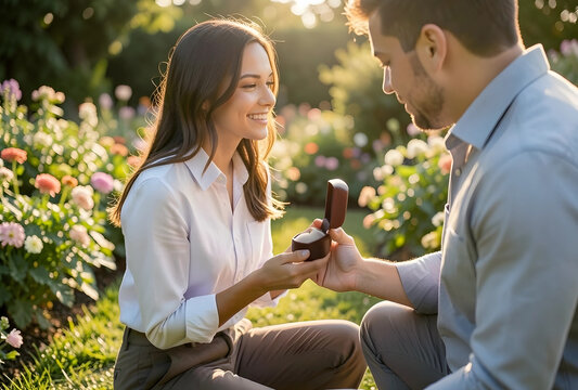 Man proposing marriage to a smiling woman with an engagement ring in a garden at sunset, romantic relationship