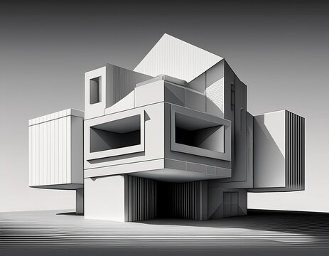 a monochromatic geometric architectural rendering of a rectangular building with a square base and a smaller square section at the top