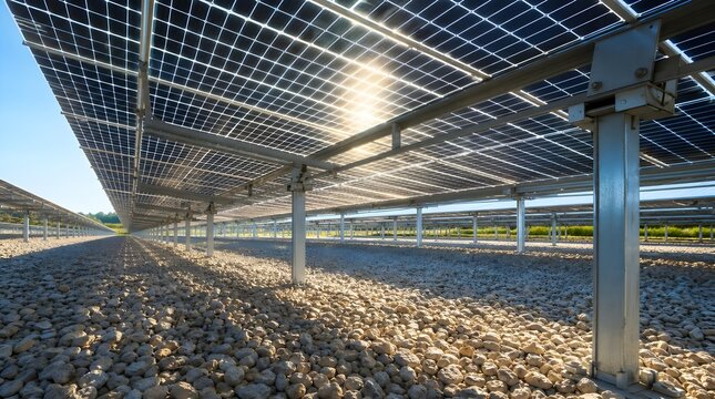 Bifacial Solar Panels Above Pale Gravel Capture Sunlight from Both Sides for Renewable Energy Promotion