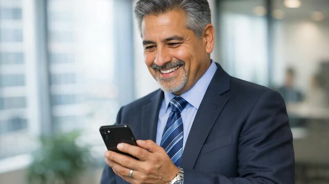 A man with a beard and mustache is happy while looking at his phone