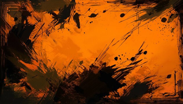 abstract orange with black paint splatter messy grunge texture background