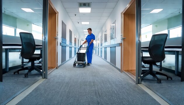 a lone custodian pushes a cleaning cart down a long empty office hallway with rows of desks and cubicles