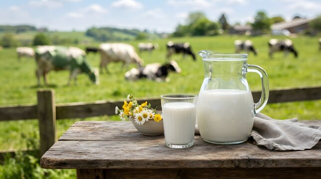 Fresh milk in a glass and pitcher on a rustic wooden table with a dairy farm background countryside agriculture breakfast landscape