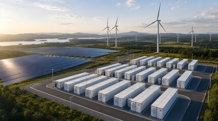 Fototapeta premium Grid-Scale Battery Storage Containers Support Solar and Wind Generation for Reliable Renewable Energy Infrastructure Systems