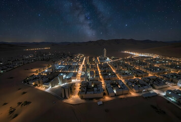 Obraz premium Aerial view of a desert city at night with illuminated buildings and streets under a starry sky, the urban landscape is set against a backdrop of dark mountains and a vast starry sky, the milky