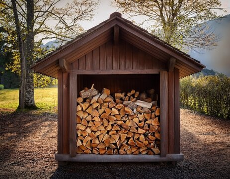a small shed filled with firewood