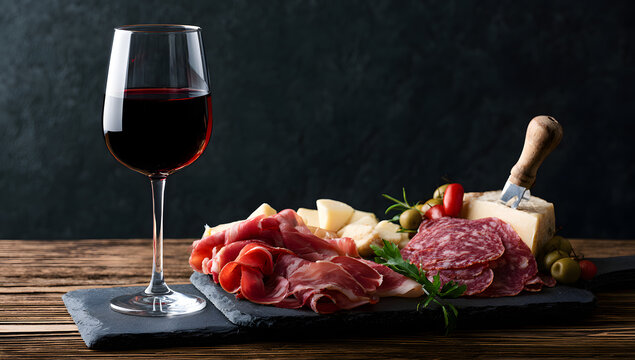 A tasteful glass of red wine served with a sophisticated charcuterie board featuring cured meats and cheeses, including space for branding