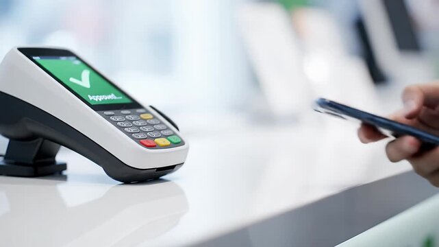 Smartphone contactless payment at credit card terminal counter