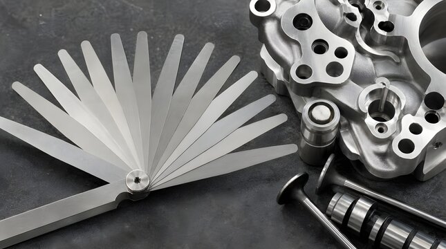 Precision Feeler Gauge Set Fanned Beside Engine Parts for Professional Automotive Measurement Tool Marketing Campaigns