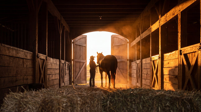A silhouette of a cowgirl with her horse in a rustic wooden stable, backlit by the warm golden glow of a sunset shining through the barn doors.