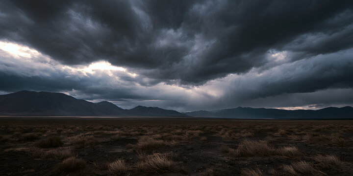 Dark, stormy clouds covering a desolate landscape with distant mountains