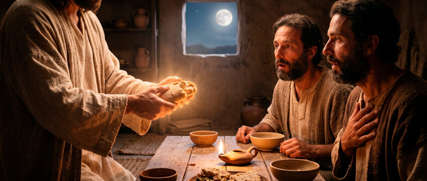 Jesus breaking bread with two men in Emmaus. Disciples recognizing Christ at table during evening meal. Biblical scene depicting revelation of faith, divine miracle and religious history.