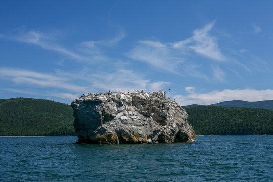 Belyy Kamen rock with nesting birds in Lake Baikal