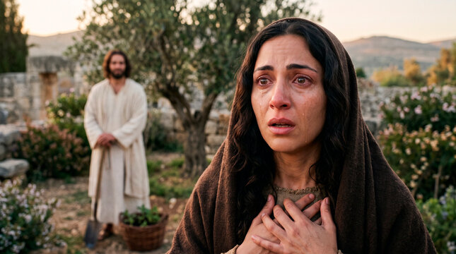 Crying woman in headscarf looking at Jesus in garden. Biblical scene showing Mary Magdalene meeting risen savior. Emotional moment of faith, spiritual encounter and religious devotion.