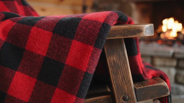 Close up view of red and black plaid fabric texture, warm rustic textile pattern, cozy autumn blanket material for farmhouse decor accents