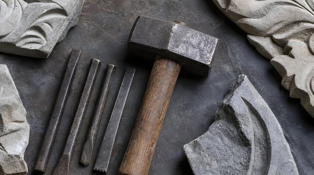 Forged Steel Stone Carving Hammer Beside Chisels and Sculpted Rock for Artisan Tool Marketing Campaigns