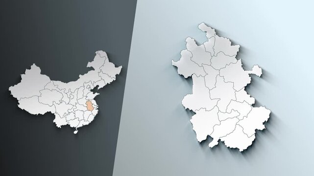 Animated Map of Anhui Region Highlighted Within China with Administrative Borders