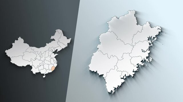 Animated Map of Fujian Region Highlighted Within China with Administrative Borders