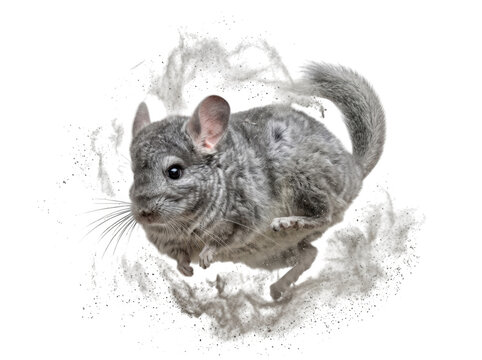 Cute fluffy grey chinchilla animal running and playing with energy isolated on transparent background