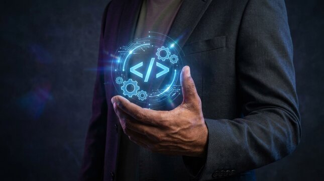Professional developer holding a glowing digital code icon and gear hologram representing software programming and technological innovation in IT and web development.