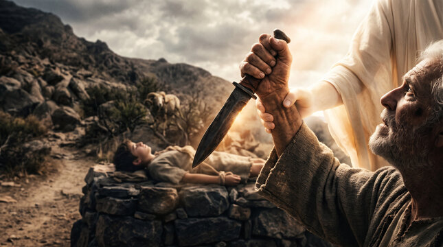 Abraham raising knife to sacrifice Isaac on stone altar. Angel hand stopping blade to save child. Biblical scene of faith and divine intervention in desert. Old Testament religious narrative.
