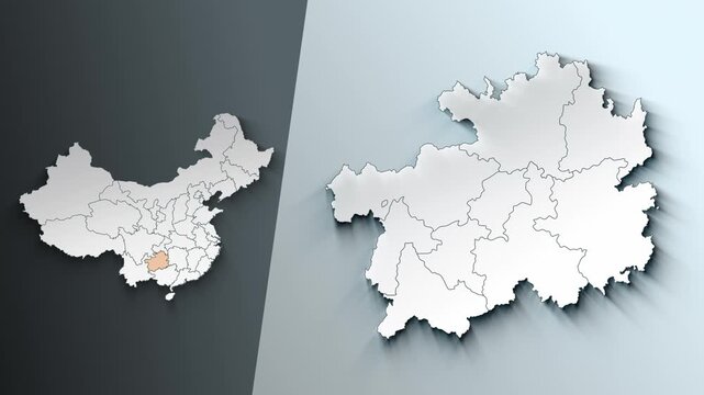 Animated Map of Guizhou Region Highlighted Within China with Administrative Borders
