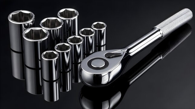 Premium Chrome Ratchet Wrench and Hex Socket Collection Captured with Glossy Professional Workshop Lighting Effects