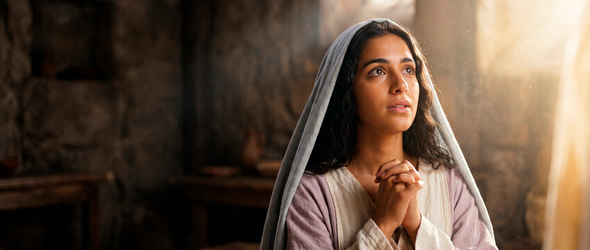 Young woman with head covering praying with hands clasped. Mary receiving message from angel Gabriel. Biblical scene representing faith, divine encounter and spiritual devotion in history.