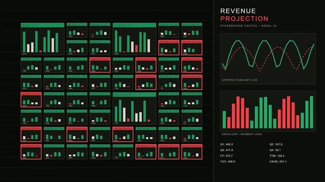A detailed revenue projection dashboard displays complex analytical financial metrics and fluctuating market trend graphs on a sleek dark digital interface for corporate data monitoring