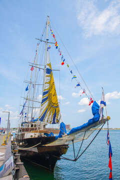 Capitan Miranda, a Schooner sailing ship of Uruguay, docked in Boston Seaport durning Sail Boston 2026, Boston, Massachusetts, MA, USA.