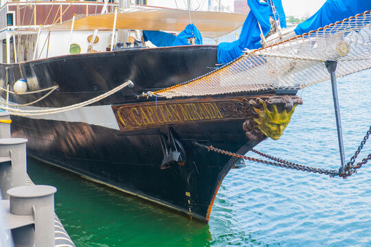 Capitan Miranda, a Schooner sailing ship of Uruguay, docked in Boston Seaport durning Sail Boston 2026, Boston, Massachusetts, MA, USA.