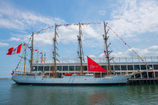 BAP Union, a Barque sailing ship of Peru, docked in Boston Seaport durning Sail Boston 2026, Boston, Massachusetts, MA, USA.