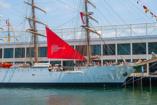 BAP Union, a Barque sailing ship of Peru, docked in Boston Seaport durning Sail Boston 2026, Boston, Massachusetts, MA, USA.
