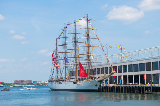 BAP Union, a Barque sailing ship of Peru, docked in Boston Seaport durning Sail Boston 2026, Boston, Massachusetts, MA, USA.