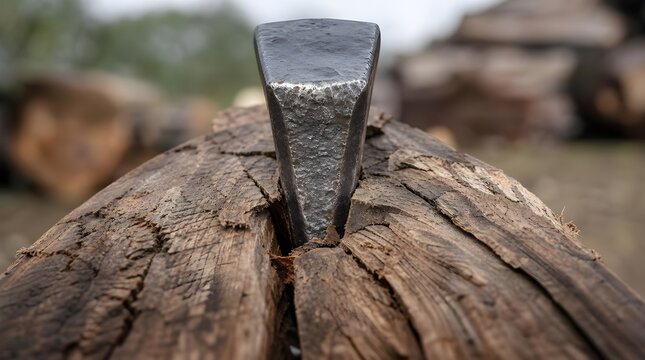 Forged Steel Splitting Wedge Embedded in Weathered Log with Wood Fibers for Rugged Tool Advertising