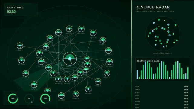a futuristic revenue projection interface displays complex node graphs and cycling bar charts as information updates dynamically across three distinct digital radar console screen panels