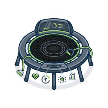 Smart Fitness Trampoline Equipment with Integrated Digital Monitoring Icons.