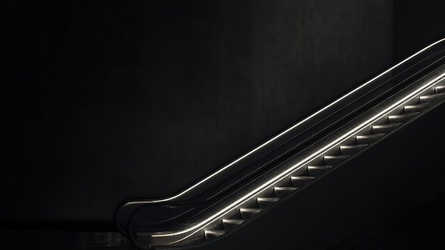 Illuminated escalator glowing in a dark shopping mall at night with a moody minimalist mood