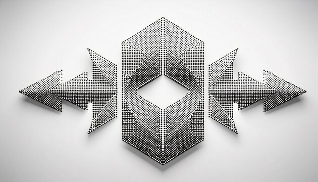 abstract geometric dot pattern forming symmetrical arrow shapes on white background