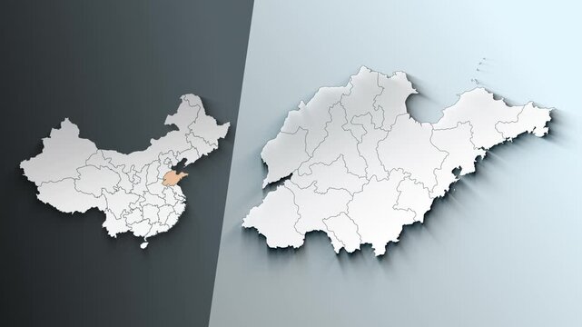 Animated Map of Shandong Region Highlighted Within China with Administrative Borders