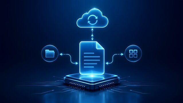 Futuristic glowing digital document on microprocessor with cloud sync and data transfer icons for cloud computing and file management concepts