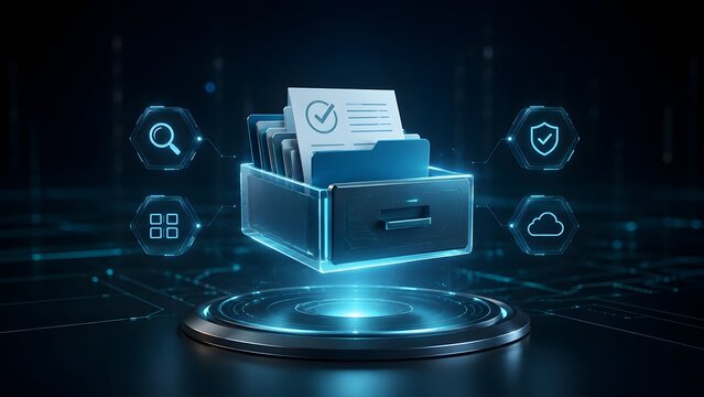 Futuristic floating digital file cabinet drawer with verified documents and security icons representing electronic document management systems
